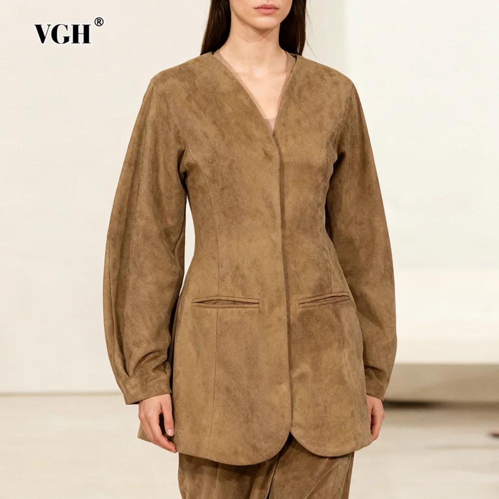 

VGH однотонные замшевые пиджаки для похудения для женщин с v-образным вырезом и длинными рукавами, осенние темпераментные куртки, женский модный стиль