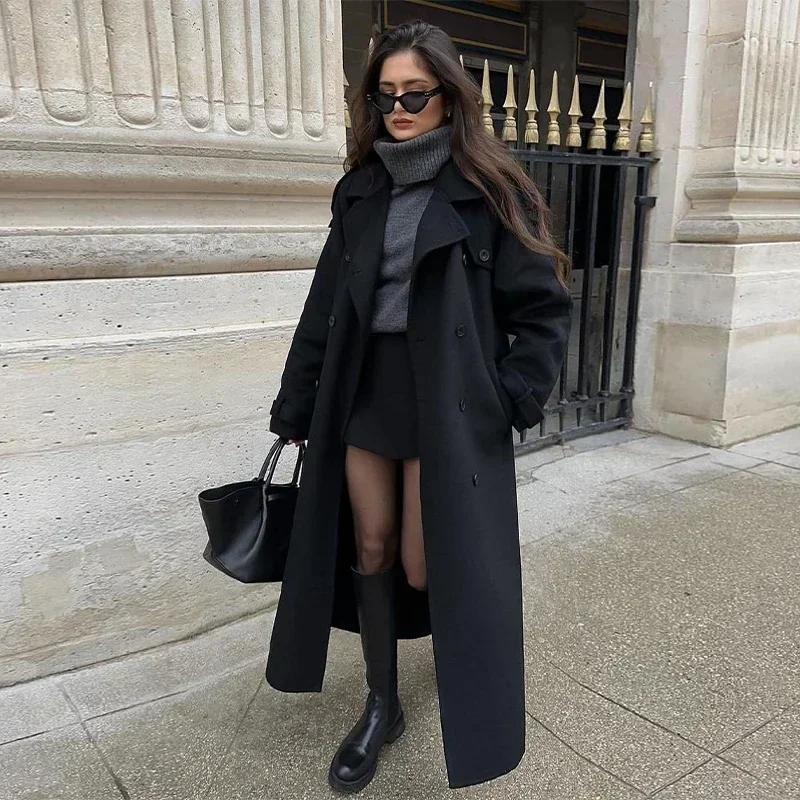 

Street Long Trench Coat With Belt Women Black Loose Lapel Double Breasted Full Sleeve Overcoat 2024 Autumn Winter Lady Outwear