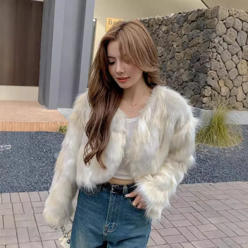 معطف فرو الثعلب القصير المقلد ملابس نسائية للخريف والشتاء ملابس فروي ملابس أوروبية وأمريكية