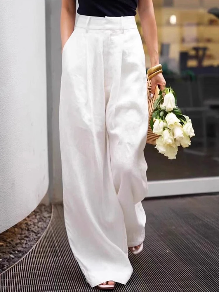 Spring Autumn Fashion Women's Good Quality Vintage Cotton Linen Pants Female Solid Color Simple Basic Wide Leg Straight Trouser