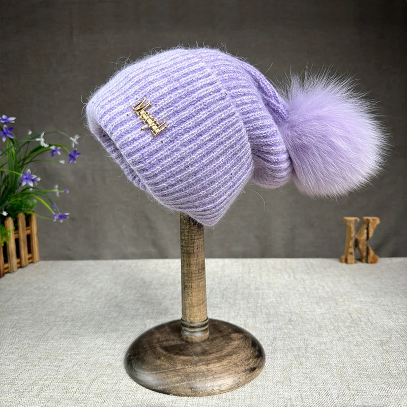 New Angora rabbit fur knitted hat with letter label yarn fashionable sequins warm autumn and winter ear protection hat