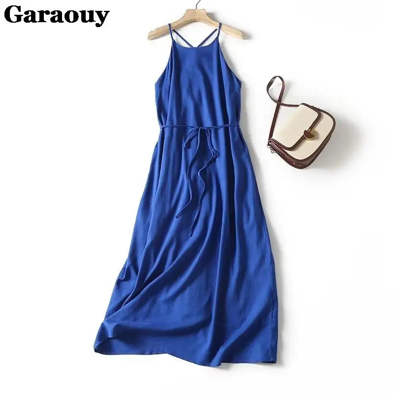 Garaouy 2023 Summer New Women Linen Halter Long Dress Sexy Lady Sleeveless Backless Elegant Midi Beach Dresses Vacation Sundress