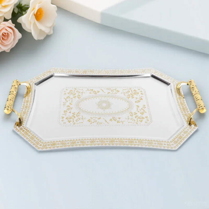 

1Pcs Golden Tray High Quality Stainless Steel Tray with Handles Unique Rectangular Design Ideal for Cake Fruit Appetizer Serving