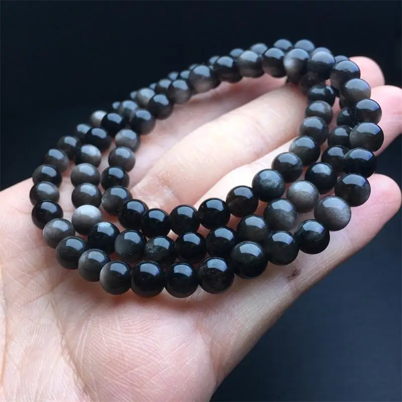 

6MM Natural Silver Obsidian Triple Circle Bracelet Handmade Fortune Energy Mineral Woman Amulet Jewelry Gift 1PCS