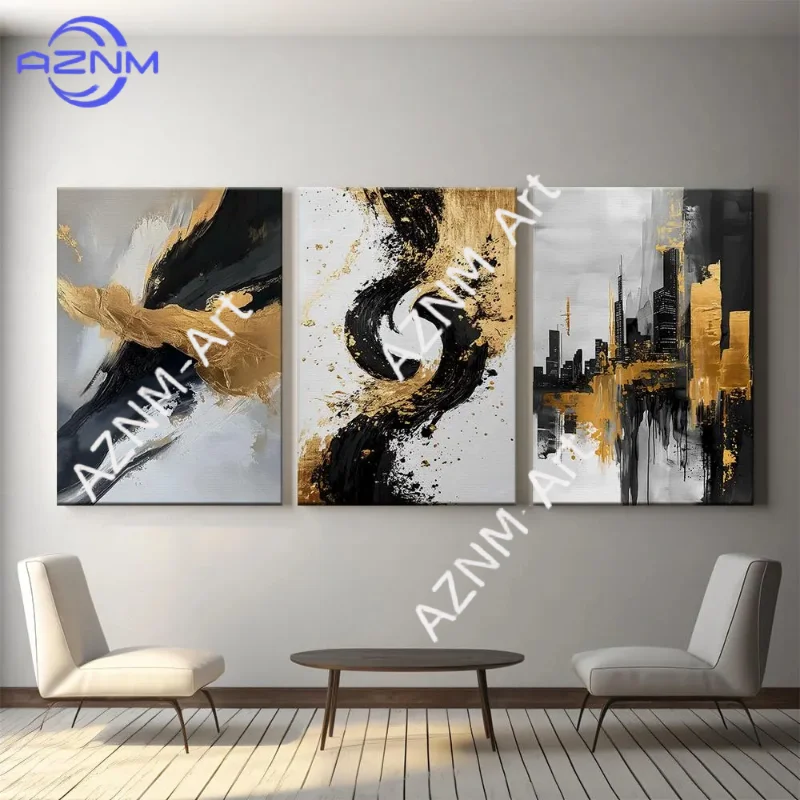 1/3-teilige abstrakte gold-schwarze Leinwandkunst, modernes geometrisches 3-teiliges Set
