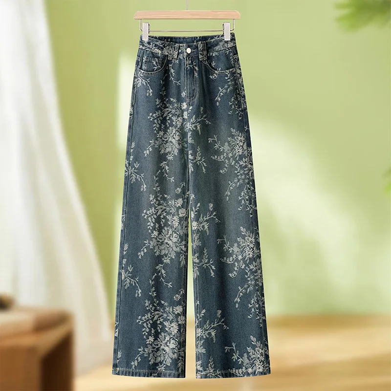 سراويل جاكار عالية الخصر من قماش الدنيم واسعة الساق للنساء، خريف جديد عالي الخصر فضفاض موضة مستقيمة الساق من قماش الدنيم