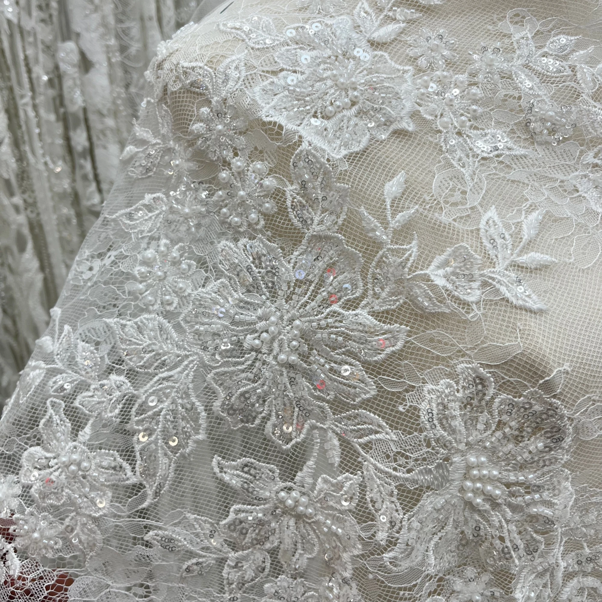 New Exquisite Sequin and Bead French Lace Embroidery Fabric Suitable for Wedding Dress Design