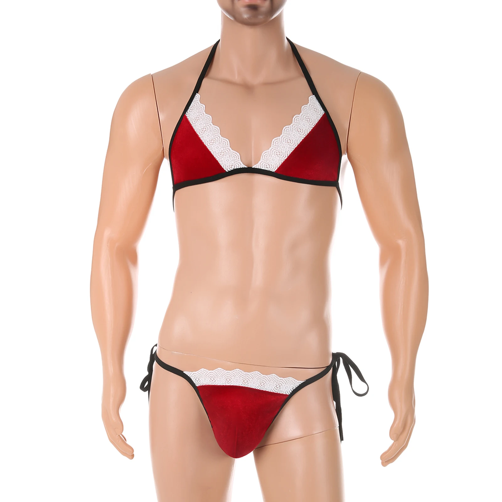 

Men's Sexy Christmas Erotic Bra Bikini Set Clubwear Crossdress Spaghetti Side-Open Thong T-back Bare Body Transvestism Lingerie