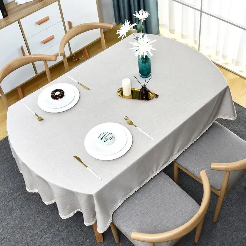 Tablecloth Oval with Lace Monochrome Linen Table Cover Farmhouse Ellipse Waterproof Rustic Table Cloth Modern Style, Home, 200cm