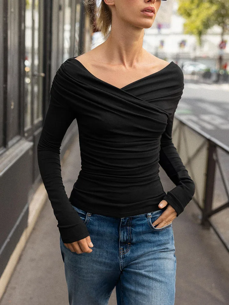 Zimowa Nowa Damska Dopasowana Długa Koszulka z Podwójnym Kołnierzem i Plisami, Moda Etniczna 2025, Strój Sceniczny, Top Damski