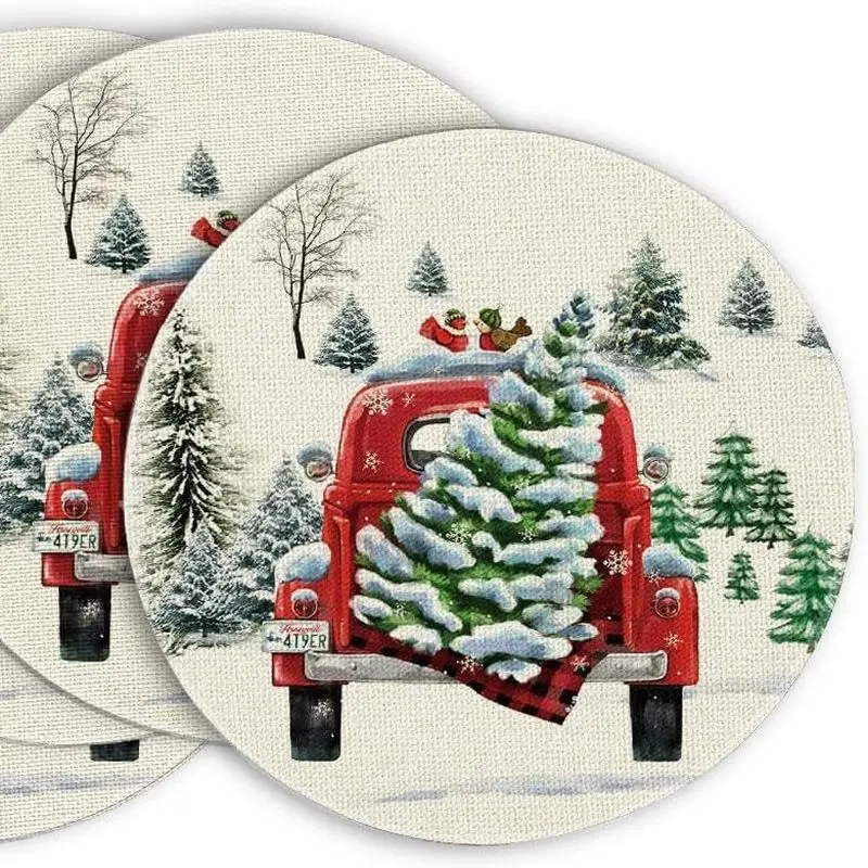 Vintage Red Bottom Snowman Cardinals Round Christmas Placemat, Wear-Resistant Plate Mat for Home Table Decoration