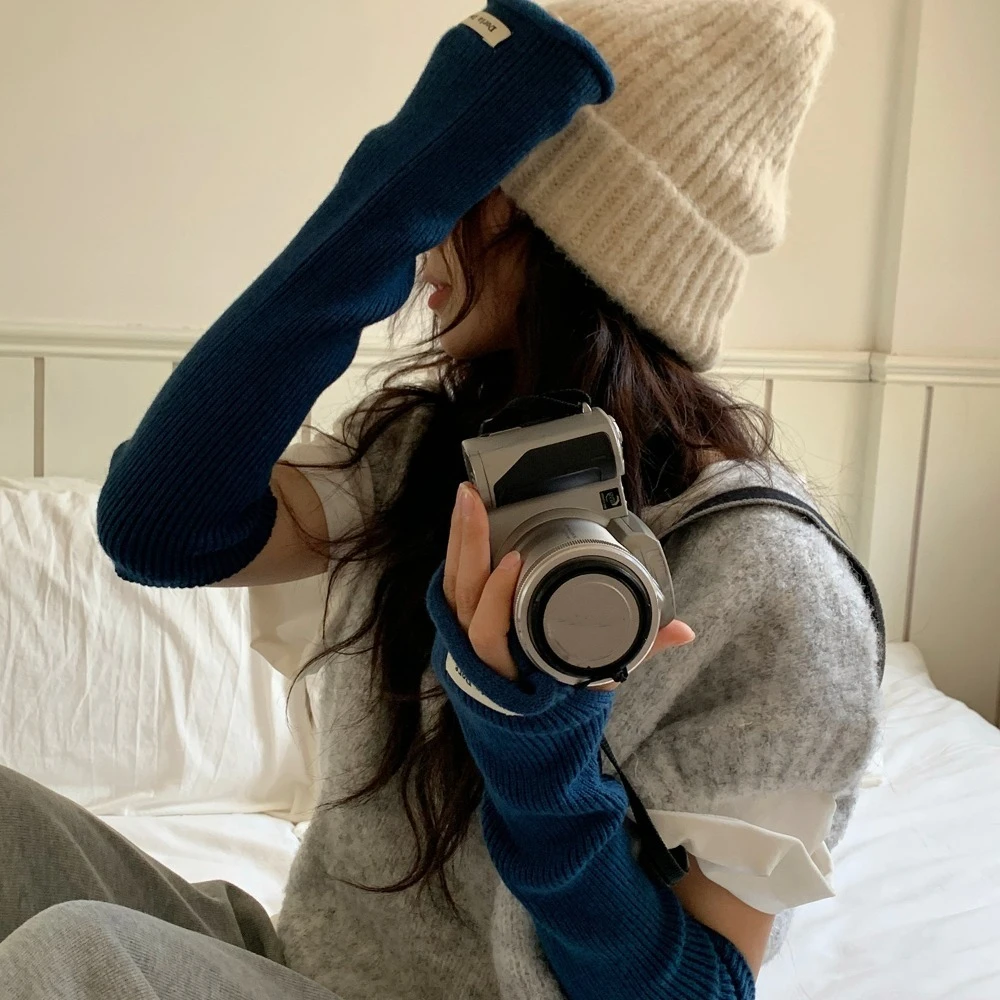Korean Style Knitted Warm Sleeves Solid Color Y2k Long Fingerless Sleeves Elastic Spicy Girl Woolen Arm Gloves