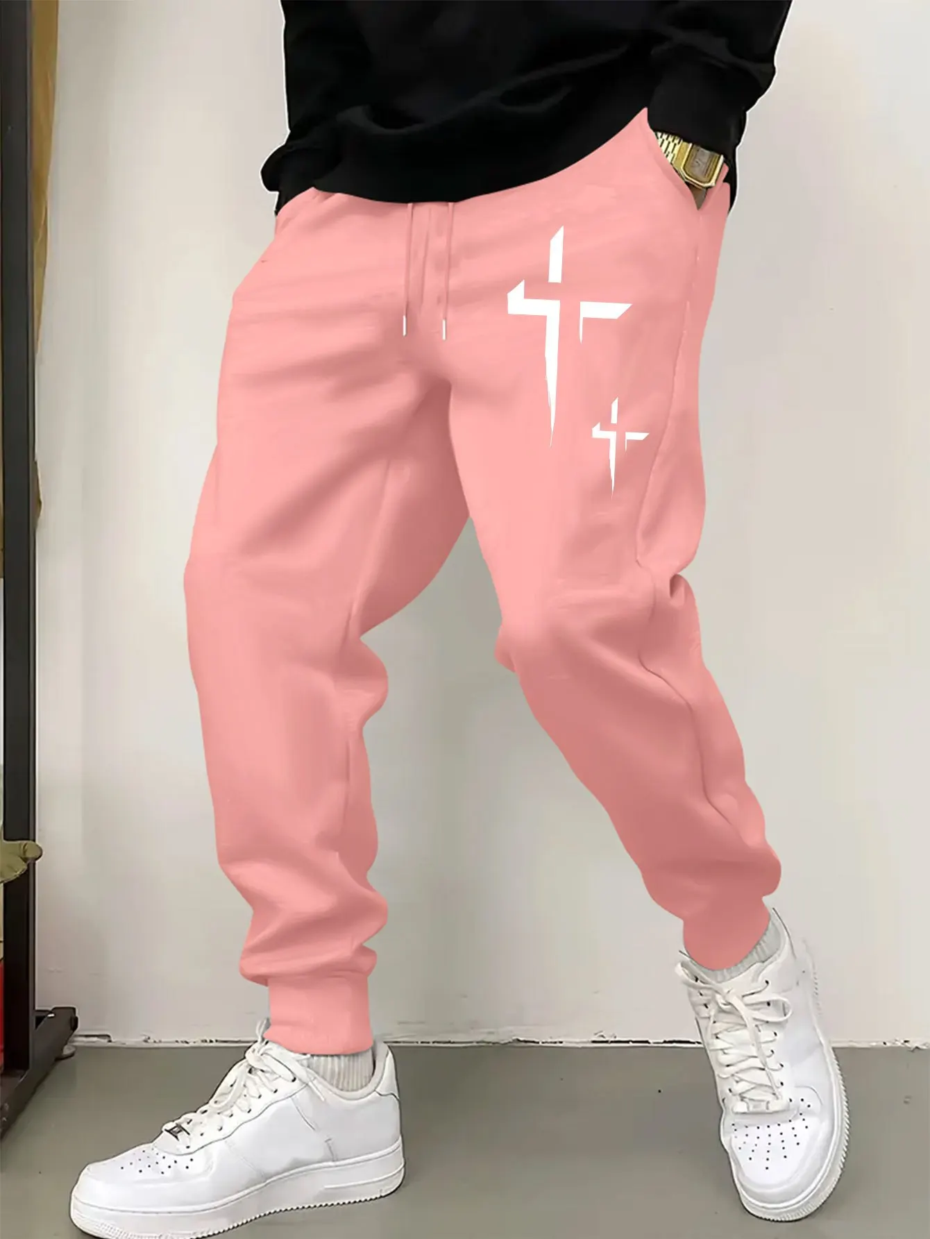 Stylish dark‑aesthetic jagged two‑cross geometric decorative fleece sweatpants men hip hop sports daily jogger trousers