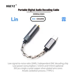 BQEYZ LIN Type C to 3.5mm 4.4mm HiFi Headphone Adapter 32bit 384KHz CX31993 Dongle Earphone Amp DAC Compatible with Type C Ports
