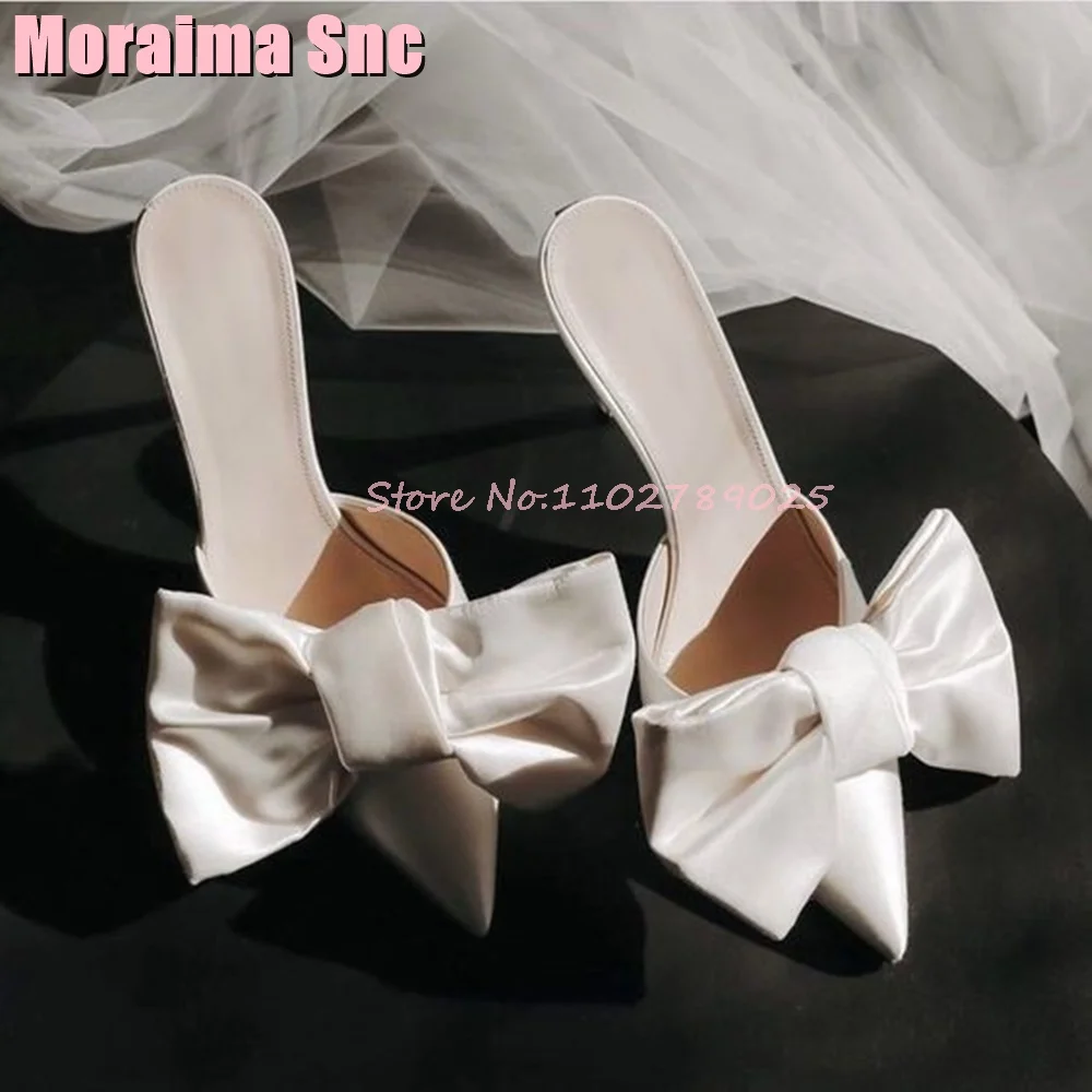 Satin Butterfly-knot Mules Stiletto High Heel Pointed Toe White Solid Sexy Elegant Fashion Women Shoes Slippers Summer 2024 New