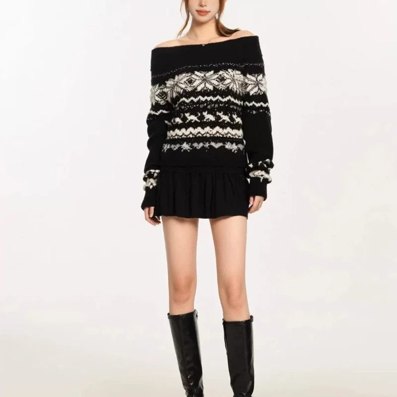 Vintage Off Shoulder Knitted Pullovers Women Sexy Korean Style Black Harajuku Sweaters Sweet Retro Y2k Print Tops