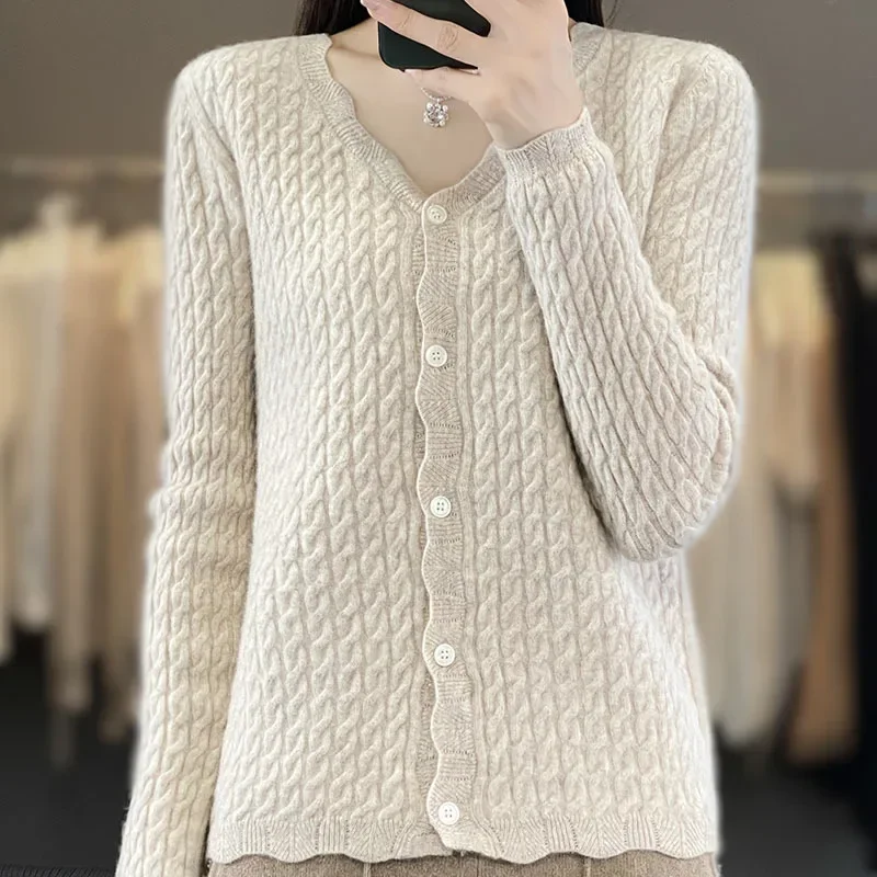 100% Austrilian Wool Women\' Autumn and Winter V-neck Twisted Wool Loose Fit High Stretch Sweater Knitted Sweater Cardigan