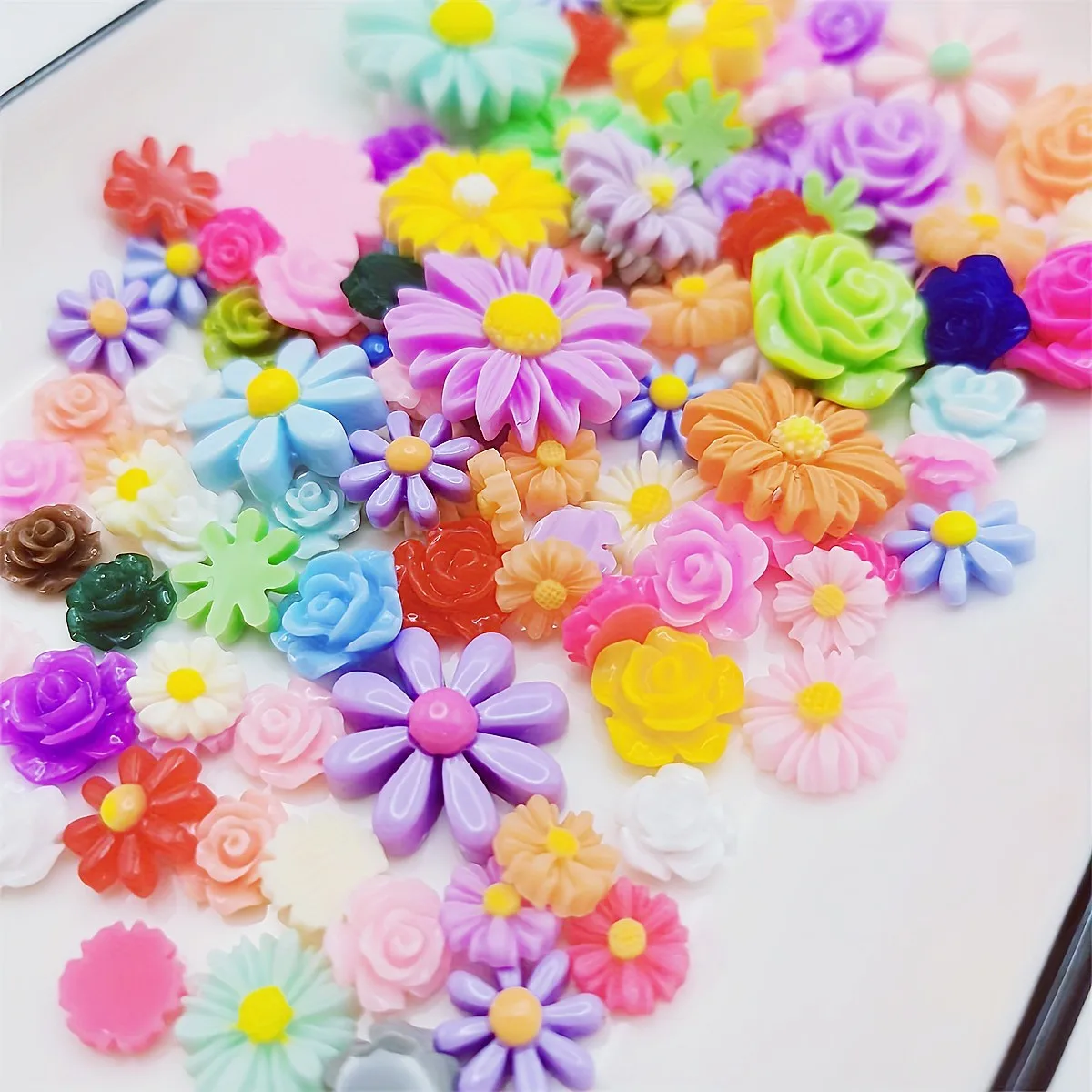 100pcs 10~26mm Resin Mix Flowers Flatbacks Daisy Sunflower Rose Cabochon For Scrapbooking Cardmaking Embellishment DIY Crafts