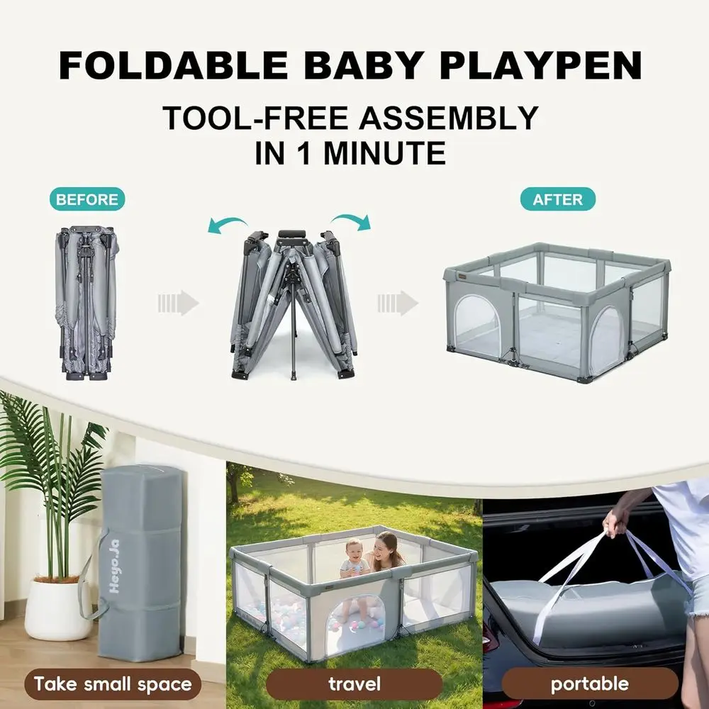 روضة أطفال محمولة قابلة للطي للرضع والأطفال الصغار، 59 × 71، للاستخدام الداخلي/الخارجي، رمادي بارد #2