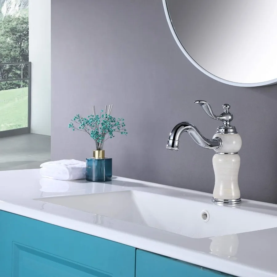 高級石クロム浴室の蛇口ヨーロッパの全銅と天然白石の洗面器洗面所の蛇口温水と冷水のシルバーミキサー