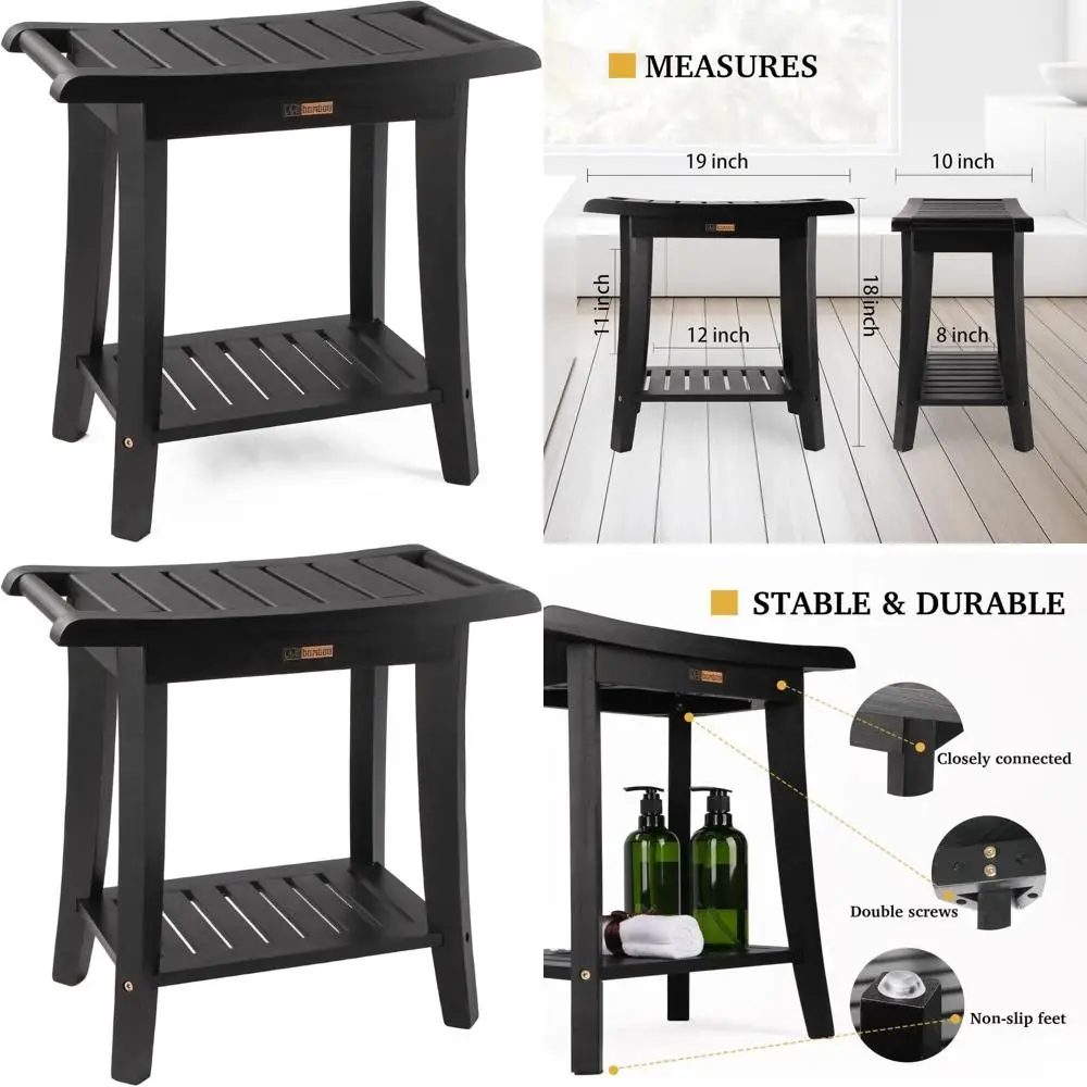 

Black Bamboo Shower Bench with Storage Shelf, Spa Bath Chair for All-Ages Unisex Use in Bathroom, Living Room, Bedroom, and Gard