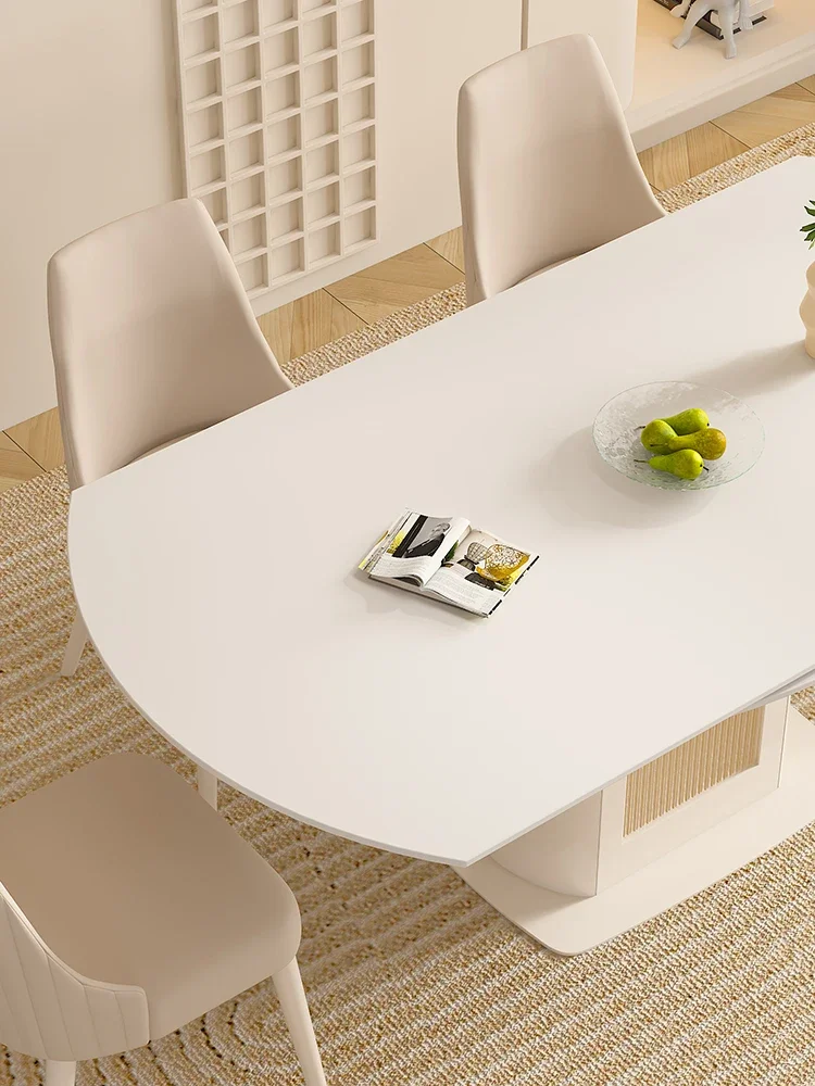 Stone Plate Dining Table round Table Modern Minimalist French Cream Style Retractable Dining Table and Chair Home