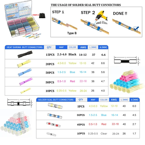 Imagen 2 del producto Terminales de engarzado a tope termorretráctiles a prueba de agua, sello de soldadura, Kit de terminales de empalme de Cable eléctrico con pistola de aire caliente, 640/250 Uds.