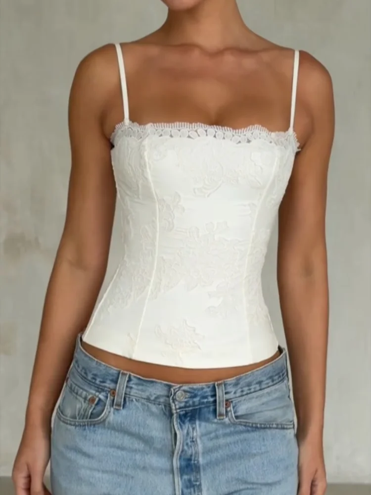 

Solid Lace Embroidered Top Women Trendy Hollow Out Lace Adjustable Spaghetti Strap Tops NEW Summer Evening Date Lady Tank Tops