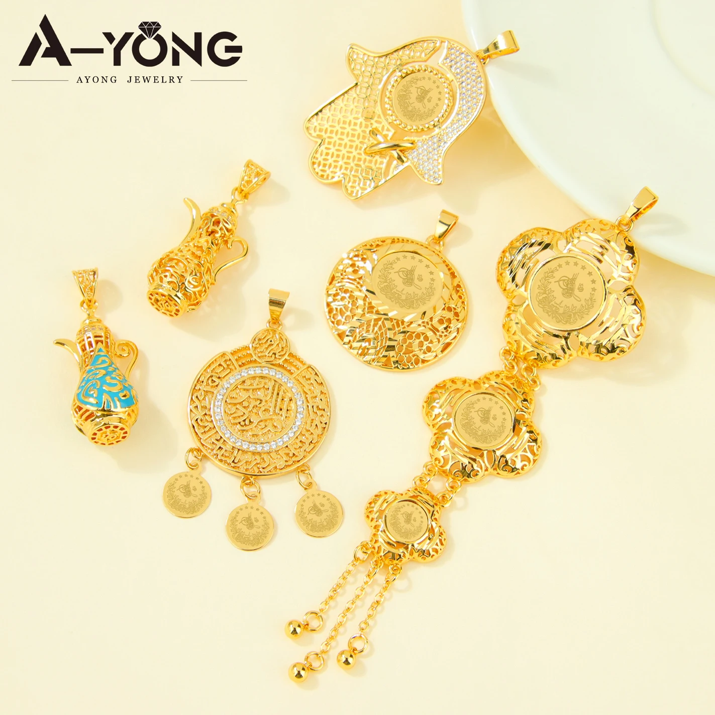 Dubai Fashion Geometric Pendant 21k Gold Plated Turkish Vintage Coins Necklace Pendants Arabic Muslim Women Party Jewelry