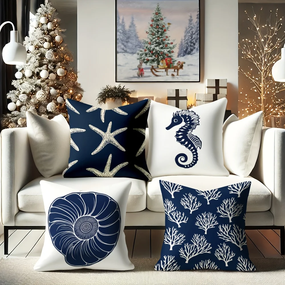 4PCS Throw Pillow Covers Set Nautical Ocean Decor Boho Cushion Covers Living Room Home Art Starfish Seahorse Shell Seascape