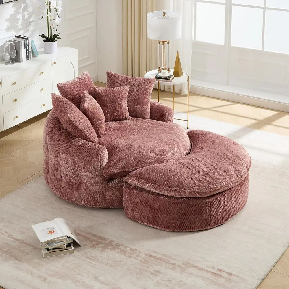 

54'' Oversized Round Bean Bag Chaise Lounge Barrel Chair with Movable Ottoman, luy Cloud Couch BonelRound Soa Chair or Living Ro