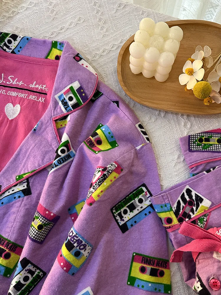 Damen Niedlicher Cartoon-Druck 100% Baumwolle Gebürstetes Pyjama-Set Frühling Herbst Langarm-Oberteil Lange Hose 2-teilig Loungewear Homewear – Detail 31