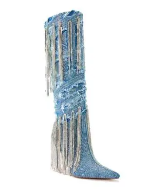 Woman Light Blue Jeans Denim Bling Crystal Rhinestone Tassel Hot Drill Pointed Toe Thin Heels Tube Slip On Knee High Boots Shoes