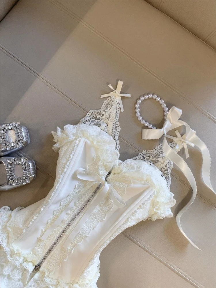 Korean Sweet Elegant 2 Piece Set Women Lace Strapless Top + High Waist Puffy Mini Tiered Skirt French Chic Birthday Party Outfit image 2