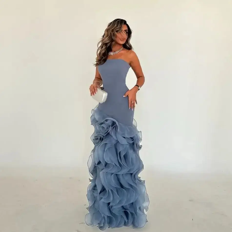 Blue Evening Dresses 2025 Pleated Floor Length Strapless Prom Dresses Mermaid Sleeveless Formal Occasion Party Dresses Ball Gown