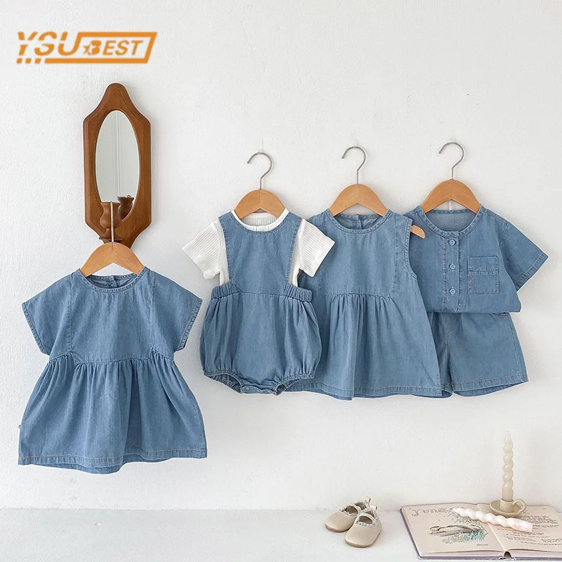 

Infant Baby Girl Boy Short Sleeve Cowboy Solid Color Shirt Shorts Clothing Set Summer Kids Baby Boys Girls Dress Children's Suit