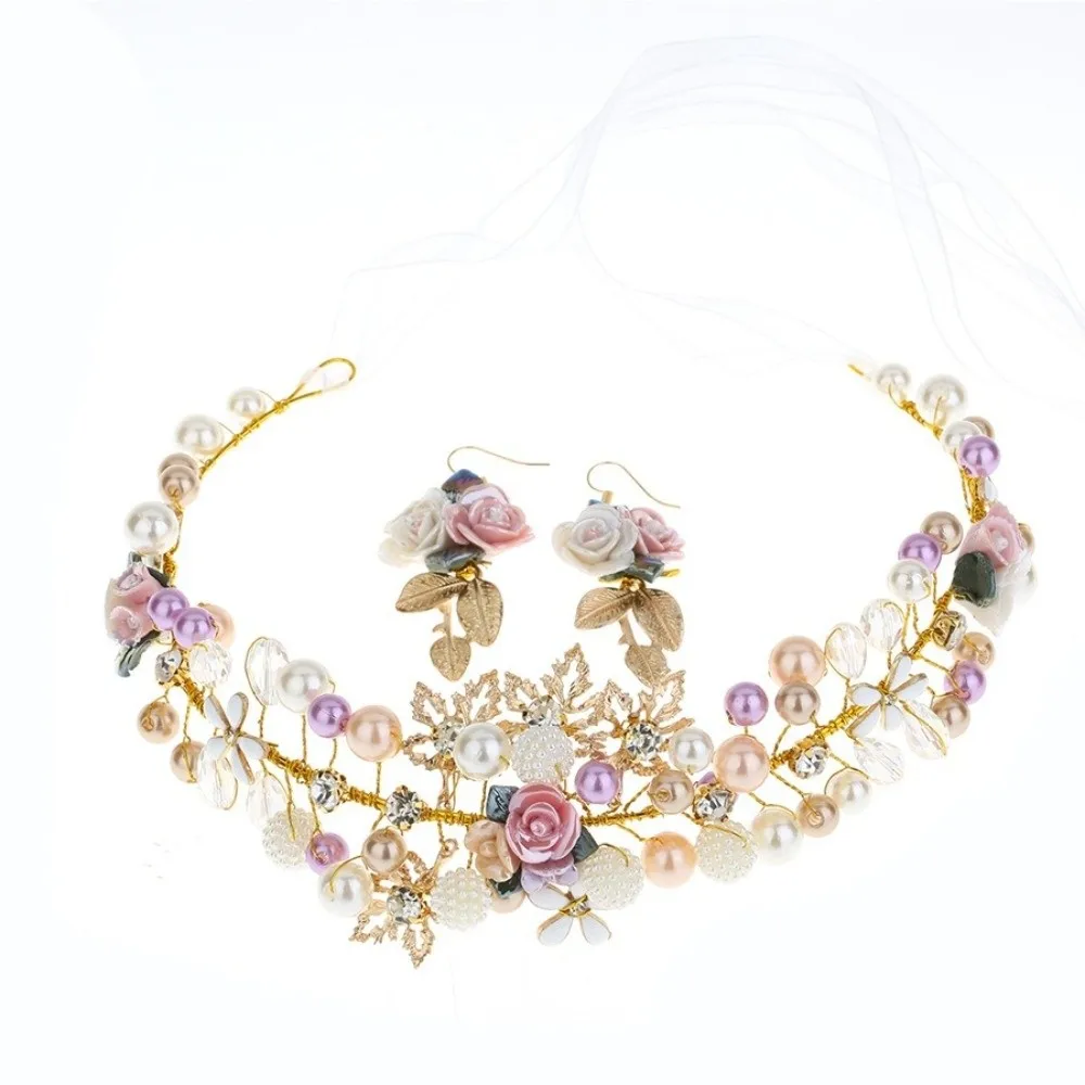 Eenvoudige legering bloemkroon gouden kleur haarhoepel prinses kronen oorbellen Koreaanse stijl bruid tiara's meisjes