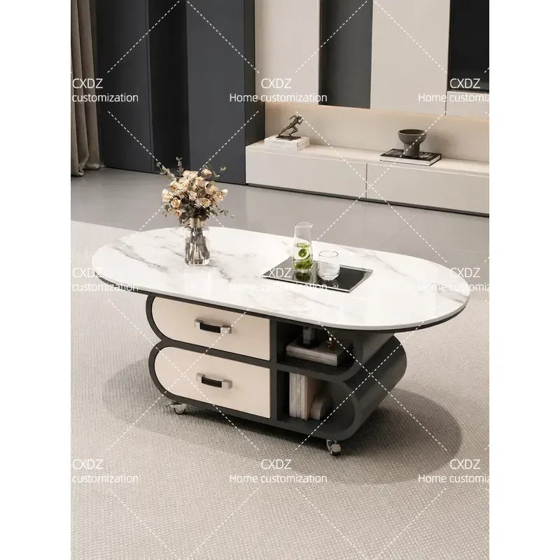 Cream wind rock slab coffee mobile trolley living room household small apartment oval light luxury high-end simple side