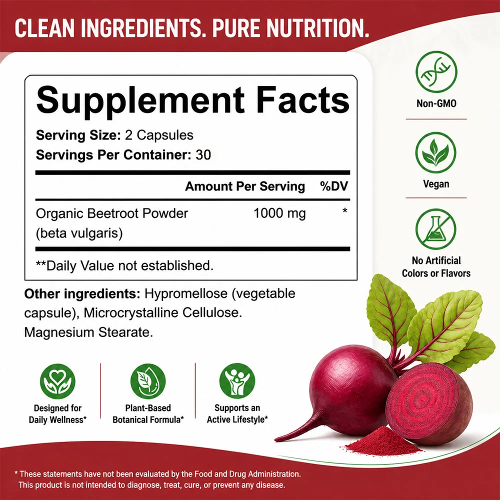 Beetroot Capsules 1300mg - with Beetroot Extract, Vitamin C & Black Pepper, for Energy Routine and Immune and Digestive