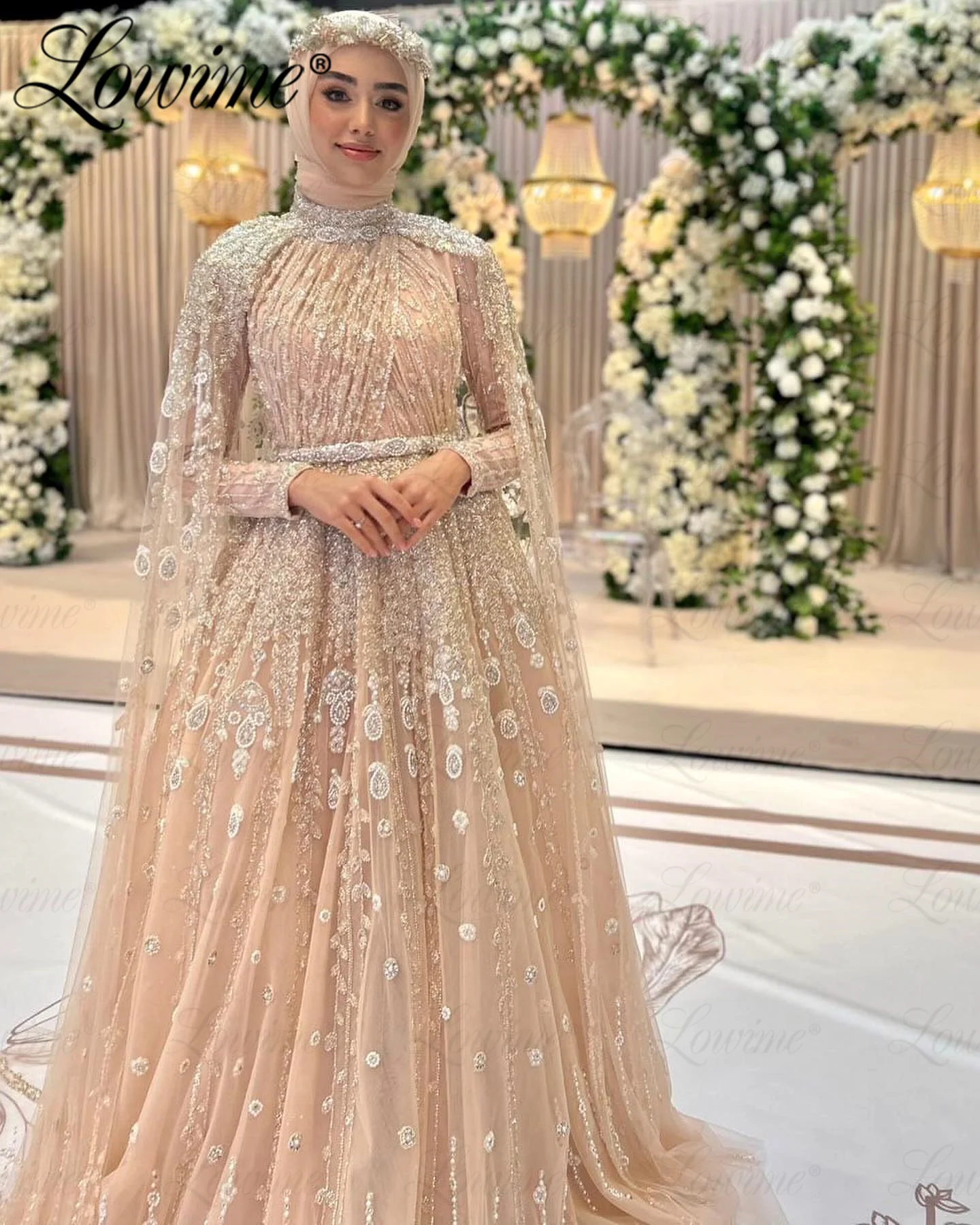 Champagne Beaded Evening Dresses Long Sleeve Cape Muslim Middle East Party Second Reception Dress A Line Prom Gowns Customized