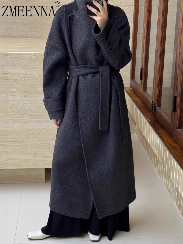 

ZMEENNA Women's Long Wool Blend Wrap Coat With Belt High Collar Stand-Up Neckline Elegant Winter Jacket Casual ZM3628