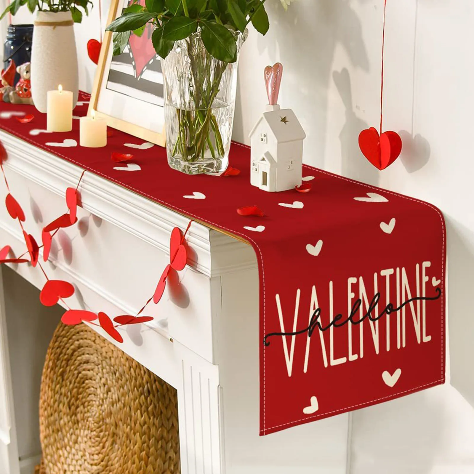 Valentine\'s Day Table Flag Loving Heart Table Runner,Linen Rose Dining Table Decoration For Wedding Bride Party Tablecloth