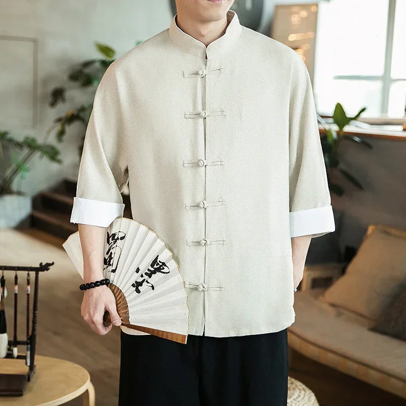 Chinese Style Shirt Men Tang Suit Linen Kung Fu Loose Male Cardigan Tops Retro Embroidery Japan Samurai Kimono Shirts Streetwear