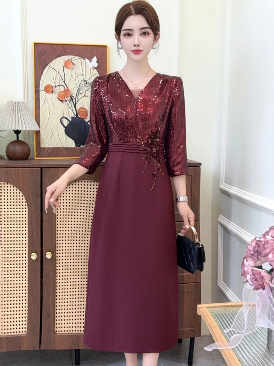 

Ele Sequin Wedding Dr for Mother of the Bride Late ternoon Gown Women High End Aosphere Fake Two-Piece Polyester F...