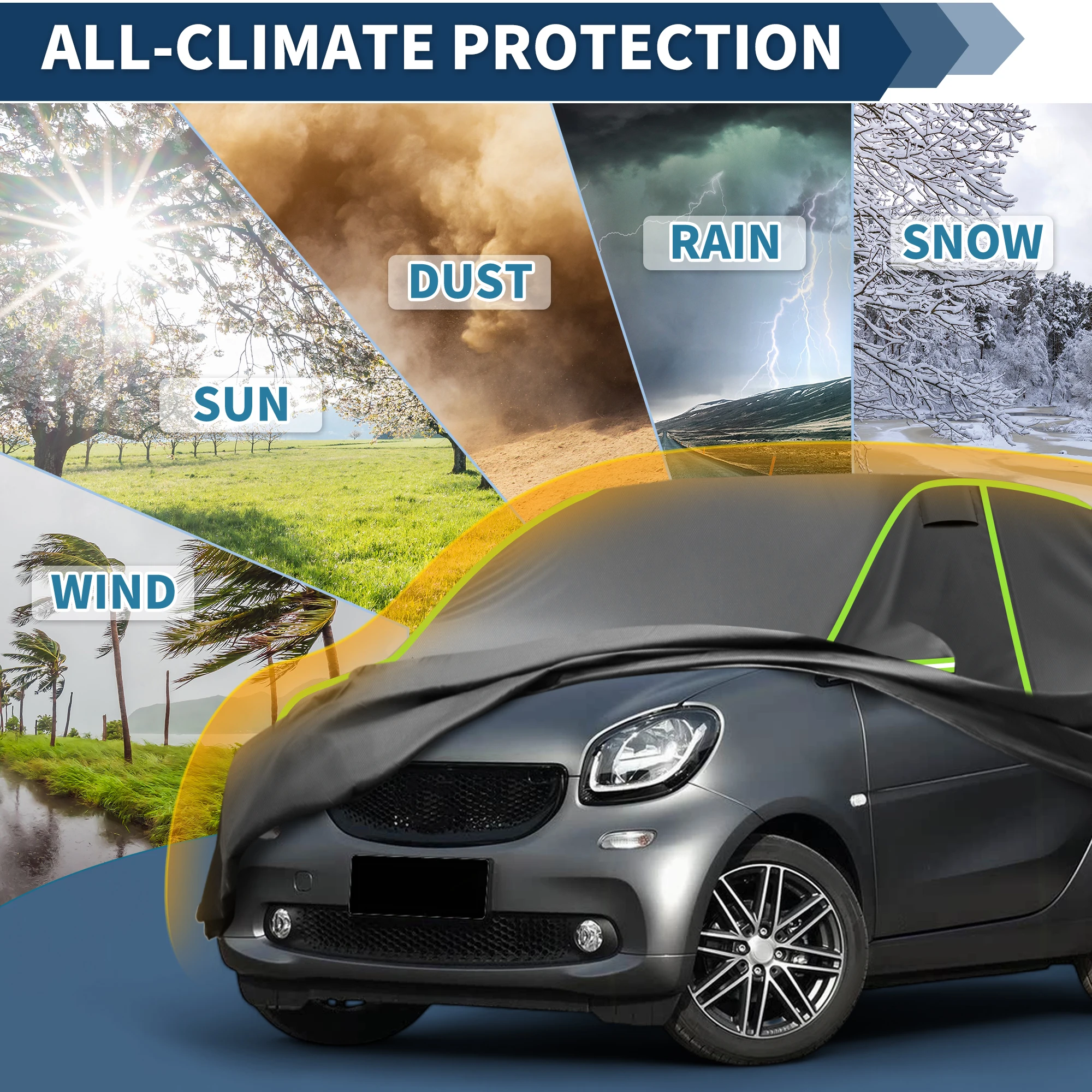 Автомобильный чехол UXCELL, водонепроницаемый слой 6000 мм для Smart Fortwo 2007-2019 210D со светоотражающими зеркальными карманами, полный внешний вид