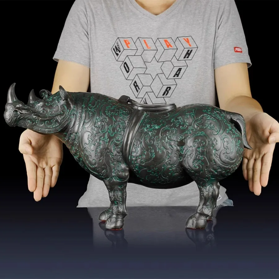 Copper Collection Gilded Cinnabar Kirin Tattoo Rhinoceros Statue Bronze Rhinoceros Zun Wealth Ornaments Home Office Decor Gifts