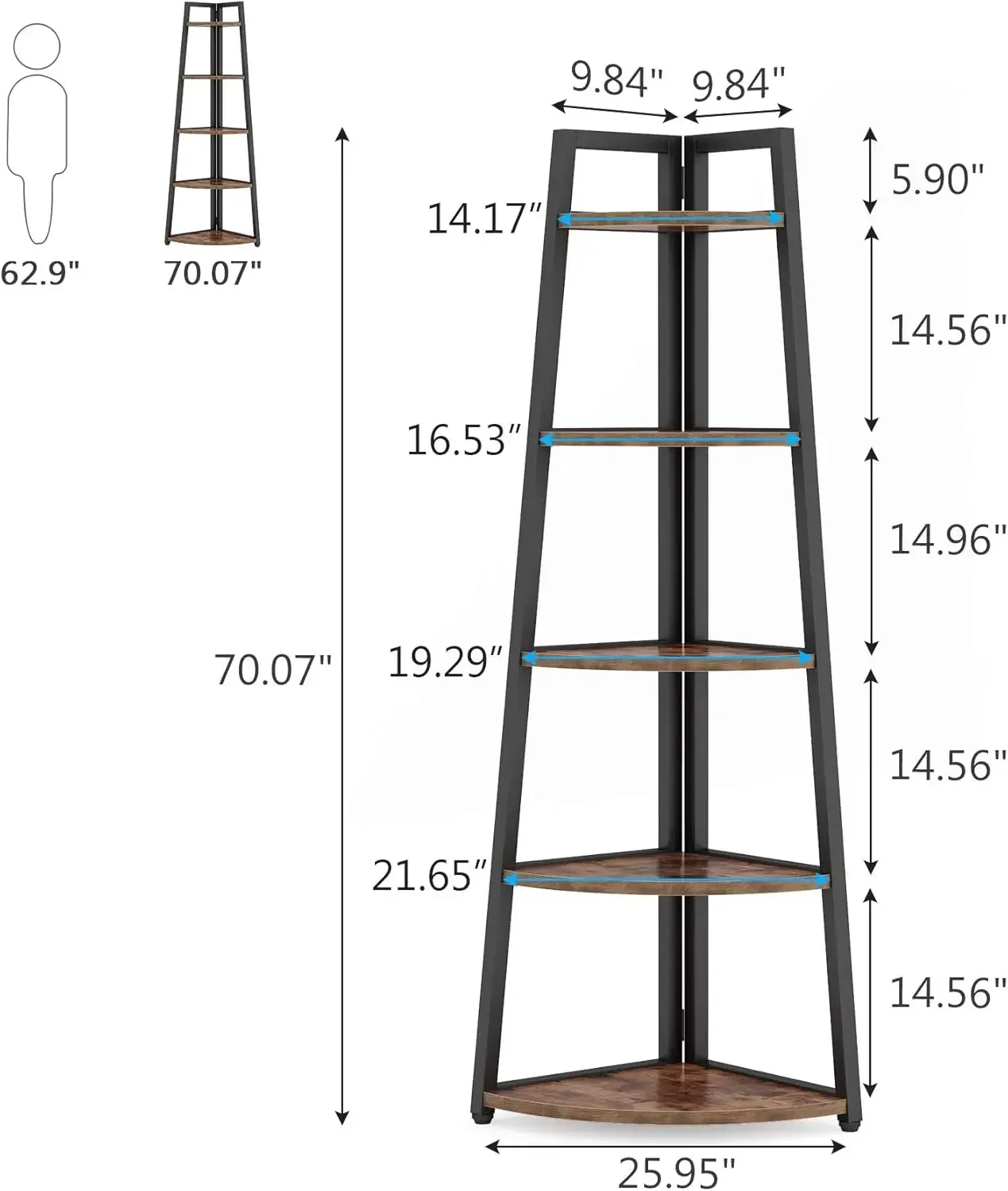 5 Tier Corner Bookshelf and Bookcase, 70 inch Tall Corner Shelves Standing Shelving Unit Indoor Plant Stand for Living Room