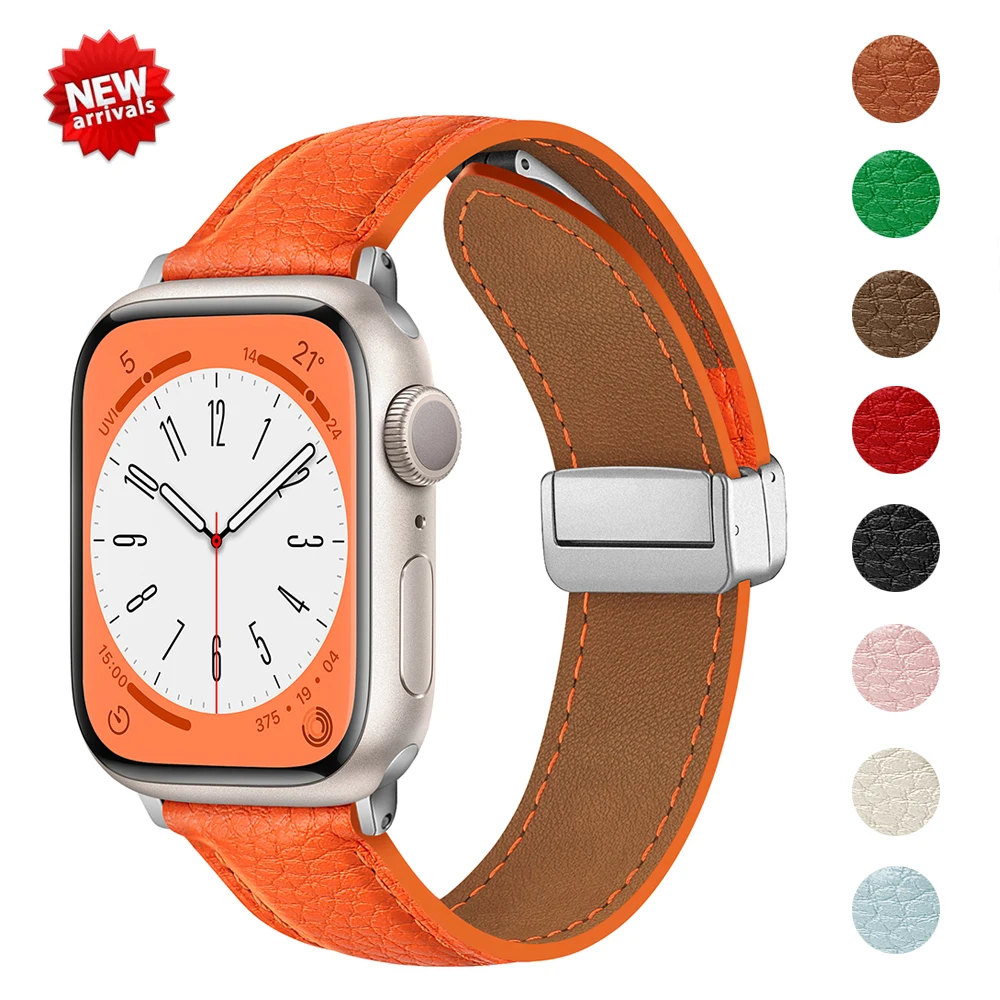 Correa de cuero con hebilla magnética para Apple Watch, banda de cuero PU para iWatch Series 6, 5, 4, 3, 44mm, 42mm, 40mm, 8, 7, 45mm, 41mm, Ultra