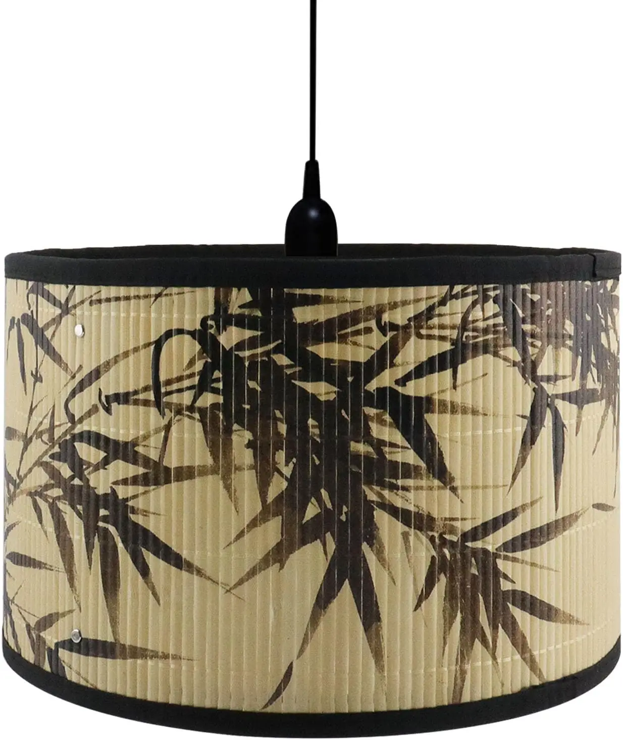 

E27 Round Removable Lamp Shades, 11.8" × 11.8" × 7.87" Wood Lampshade with Plant and Bird Print, Ink-wash Painting Pat
