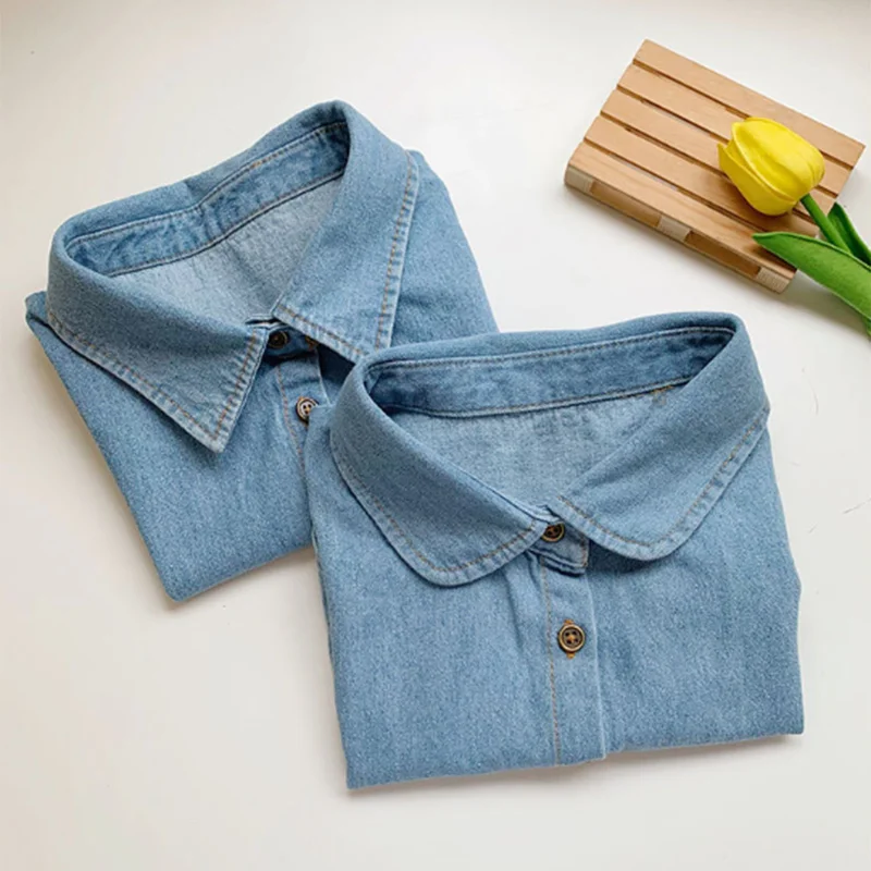 Denim Blue Fake Collar Solid Color Women Detachable Shirt Collar Spring Simple Turtleneck Dickie For Inner Clothe 38*35cm